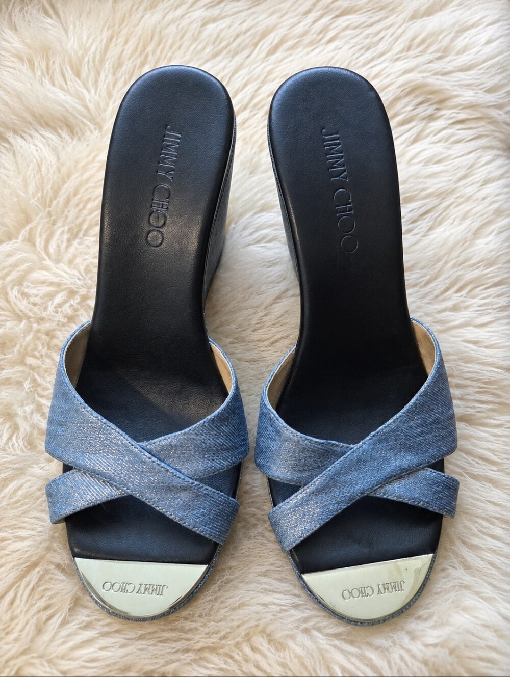 Jimmy Choo Glitter Denim Blue Crisscross Slide Mules 38 - Picture 1 of 5